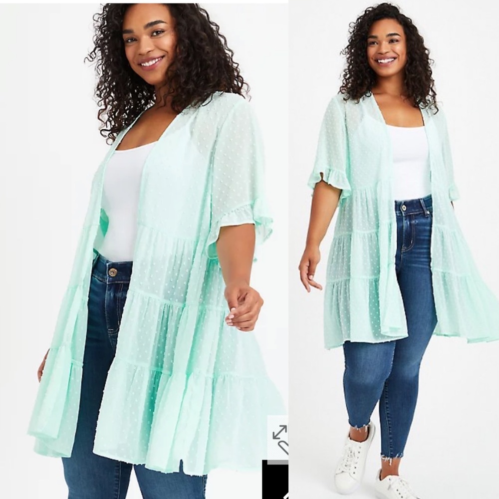 Torrid Clip Dot Ruffle Kimono Green 4X